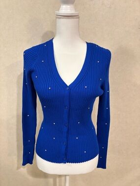 Cato Royal Blue Ribbed V-Neck Button Cardigan with Stud Accents